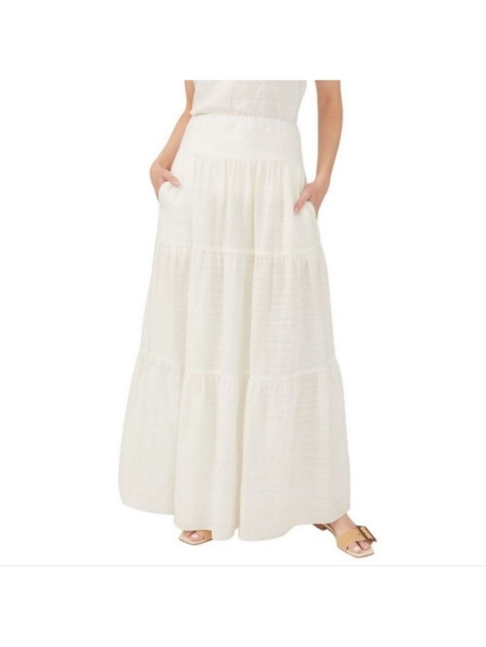 J McLaughlin Ophelia White Linen Cotton Blend Tiered Maxi Skirt Resort Wear LG